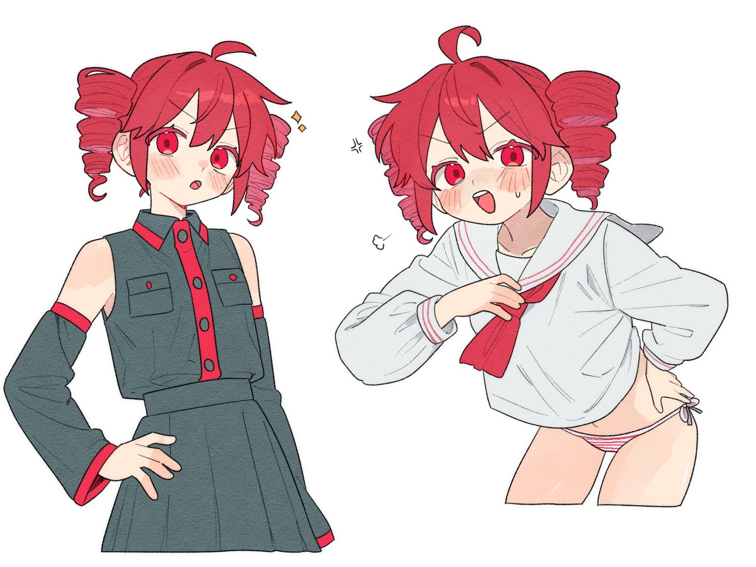 kasane teto, kasane teto (utau), utau, 1girl, black shirt, black sleeves, breast pocket, colored eyelashes, detached sleeves, drill hair, grey jacket, hand on own hip, jacket, no pants, ofo j1, open mouth, panties, pocket, red eyes, red hair, red trim, sailor collar, sailor shirt, shirt, sleeveless, sleeveless shirt, solo, striped clothes, striped panties, sweat, twin drills, underwear, white background