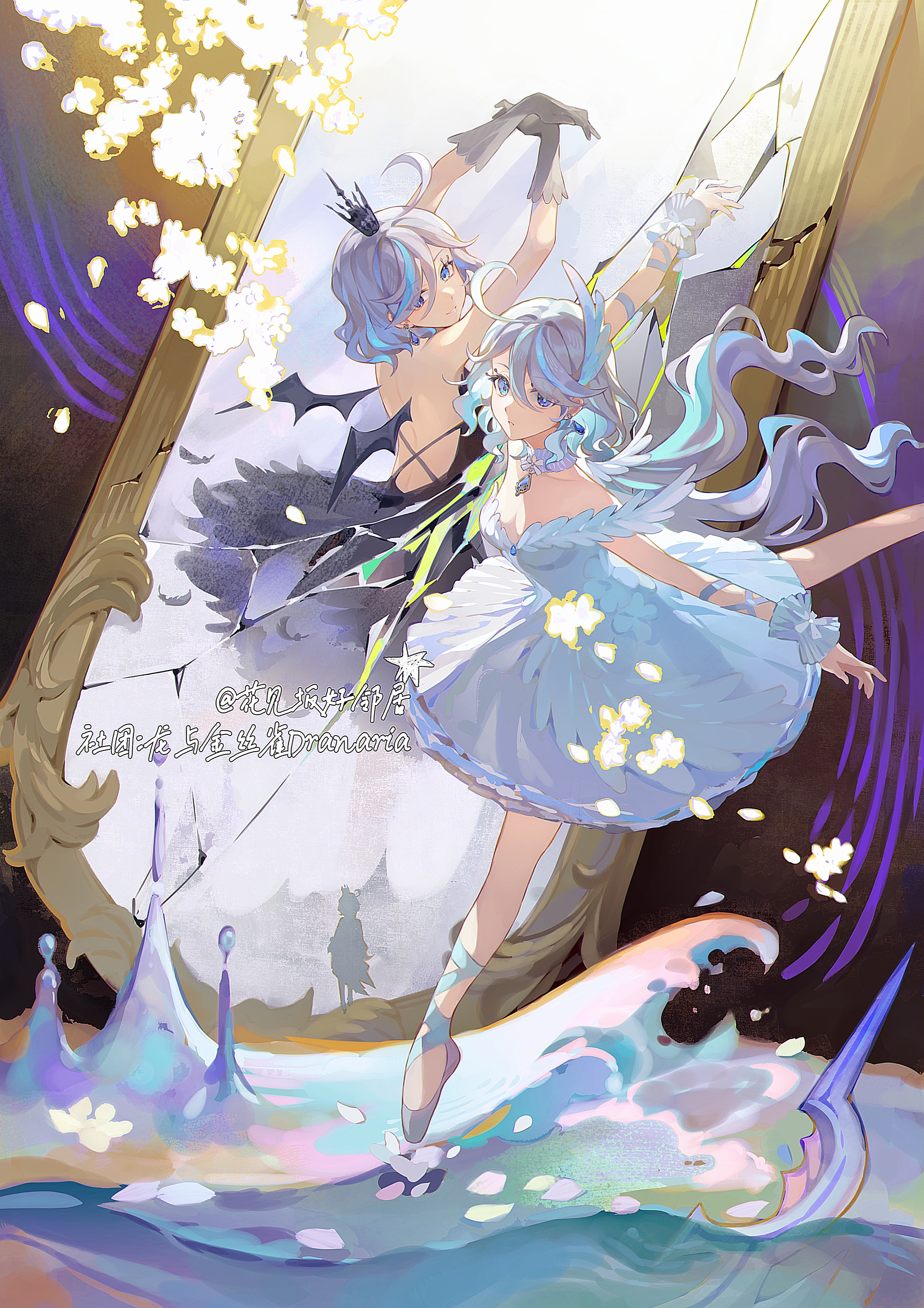 homura2414, furina (genshin impact), odette (swan lake), odile (swan lake), genshin impact, swan lake, absurdres, chinese commentary, commentary request, highres, mixed-language commentary, partial commentary, 2girls, ahoge, arabesque (pose), arm up, arms up, backless dress, backless outfit, ballerina, ballet slippers, black dress, black gloves, black wings, blue eyes, blue hair, broken mirror, brooch, cosplay, crown, demon wings, detached collar, different reflection, dress, drop-shaped pupils, dual persona, earrings, en pointe, feather hair ornament, feathers, full-length mirror, gloves, hair between eyes, hair ornament, heterochromia, jewelry, long hair, looking at viewer, mini crown, mirror, mismatched pupils, multicolored hair, multiple girls, odette (swan lake) (cosplay), odile (swan lake) (cosplay), outstretched arms, outstretched leg, parted lips, reflection, russian commentary, short hair, smile, standing, standing on one leg, strapless, strapless dress, streaked hair, symbol-shaped pupils, white dress, white hair, white wrist cuffs, wings, wrist cuffs