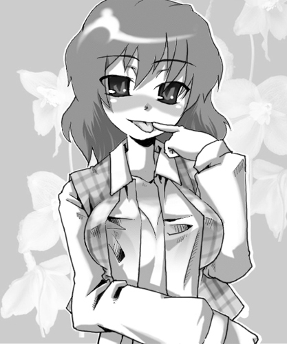 gengorou, kazami yuuka, touhou, lowres, 1girl, blush, breasts, cleavage, female focus, finger to mouth, greyscale, large breasts, monochrome, naughty face, open clothes, open shirt, plaid clothes, plaid vest, shirt, solo, tongue, vest