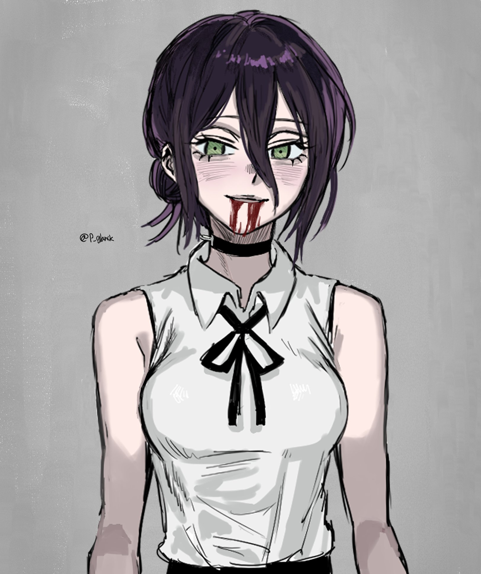 p glansk, reze (chainsaw man), chainsaw man, highres, 1girl, black choker, black ribbon, blood, blood from mouth, choker, collared shirt, green eyes, grenade pin, grey background, hair between eyes, looking at viewer, neck ribbon, purple hair, ribbon, shirt, sleeveless, sleeveless shirt, solo