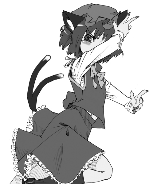 gengorou, chen, touhou, 1girl, animal ears, blush, cat ears, cat girl, cat tail, female focus, fighting stance, fingernails, greyscale, hat, long skirt, monochrome, multiple tails, nail (hardware), nail polish, short hair, simple background, skirt, solo, tail