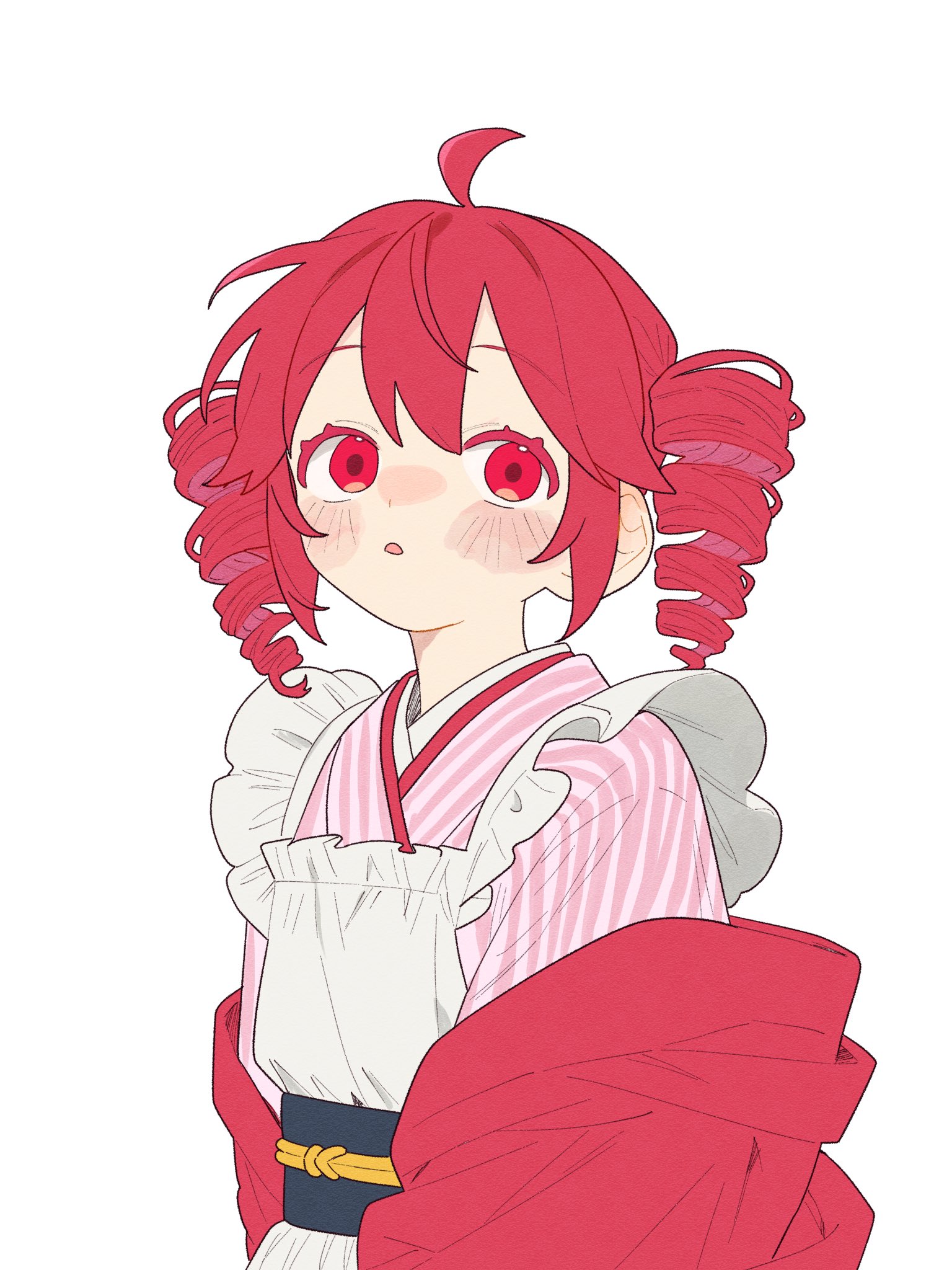 kasane teto, kasane teto (utau), utau, highres, 1girl, apron, blush, colored eyelashes, dress, drill hair, looking afar, ofo j1, open mouth, red eyes, red hair, solo, twin drills, white background