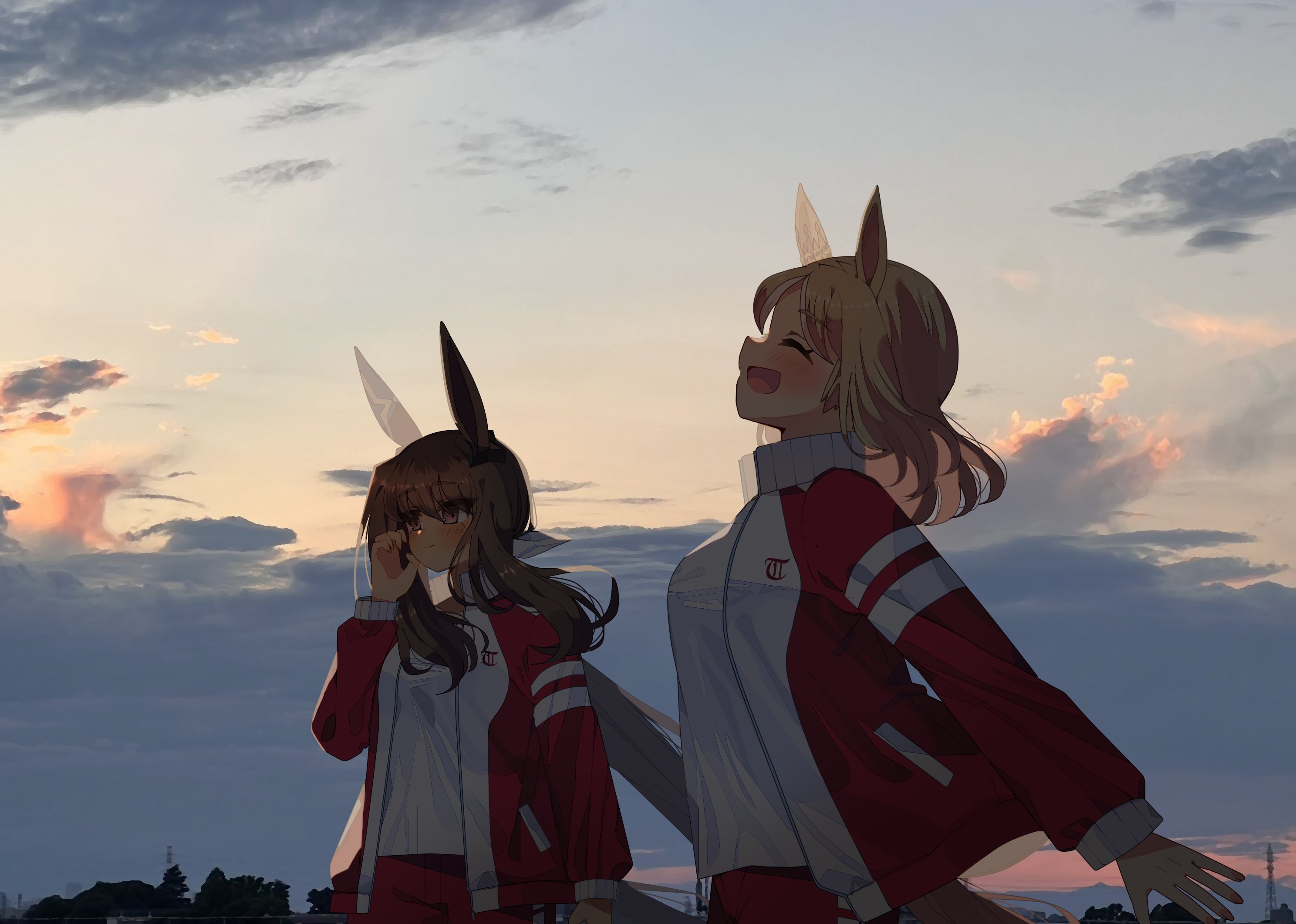 amane hikari, admire vega (umamusume), narita top road (umamusume), umamusume, highres, 2girls, animal ears, blonde hair, blush, breasts, brown hair, closed eyes, closed mouth, cloud, ear covers, ear ornament, gym shirt, hair between eyes, horse ears, horse girl, horse tail, jacket, long hair, long sleeves, medium hair, multiple girls, open clothes, open jacket, open mouth, outdoors, purple eyes, red jacket, red shorts, shirt, short hair, shorts, single ear cover, sky, smile, sunset, tail, tracen training uniform, track jacket, white shirt