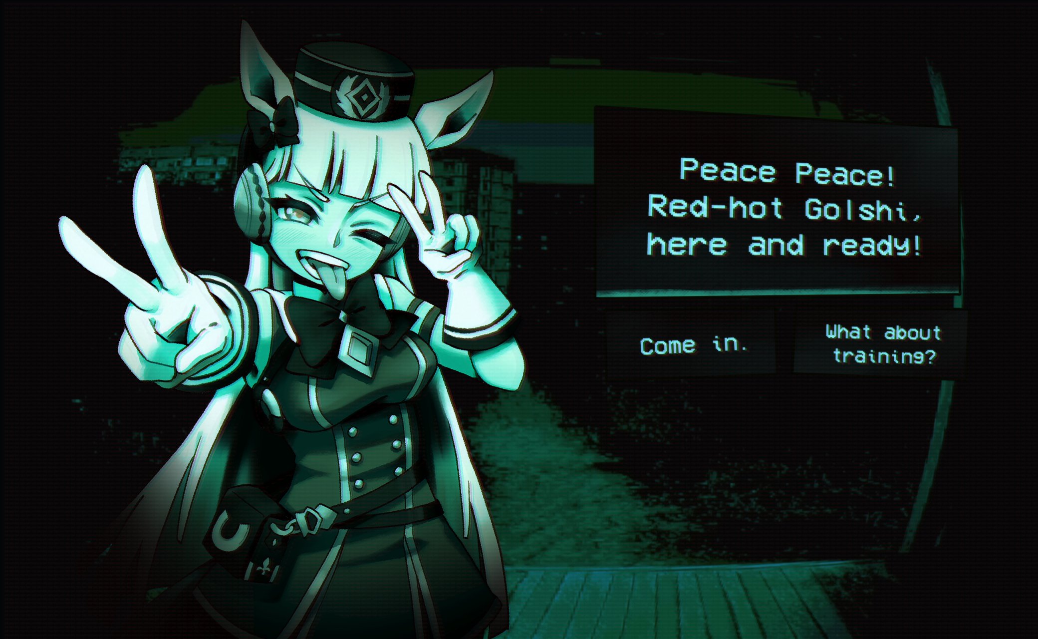 kitnoko, gold ship (red strife) (umamusume), gold ship (umamusume), no i'm not a human, umamusume, highres, 1girl, animal ears, armband, belt pouch, blunt bangs, bow, bowtie, breasts, dialogue box, dialogue options, double v, dress, ear bow, english text, gloves, green theme, hat, horse ears, horse girl, horse tail, long hair, looking at viewer, night, open mouth, parody, pillbox hat, porch, pouch, pov peephole, sleeveless, sleeveless dress, smile, solo, striped armband, striped clothes, tail, teeth, tongue, tongue out, v
