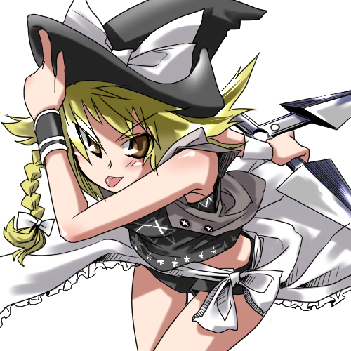 gengorou, kirisame marisa, advent cirno, touhou, lowres, 1girl, :p, blonde hair, blush, braid, brown eyes, female focus, hat, side braid, simple background, skirt, solo, tongue, tongue out, white background, witch, witch hat