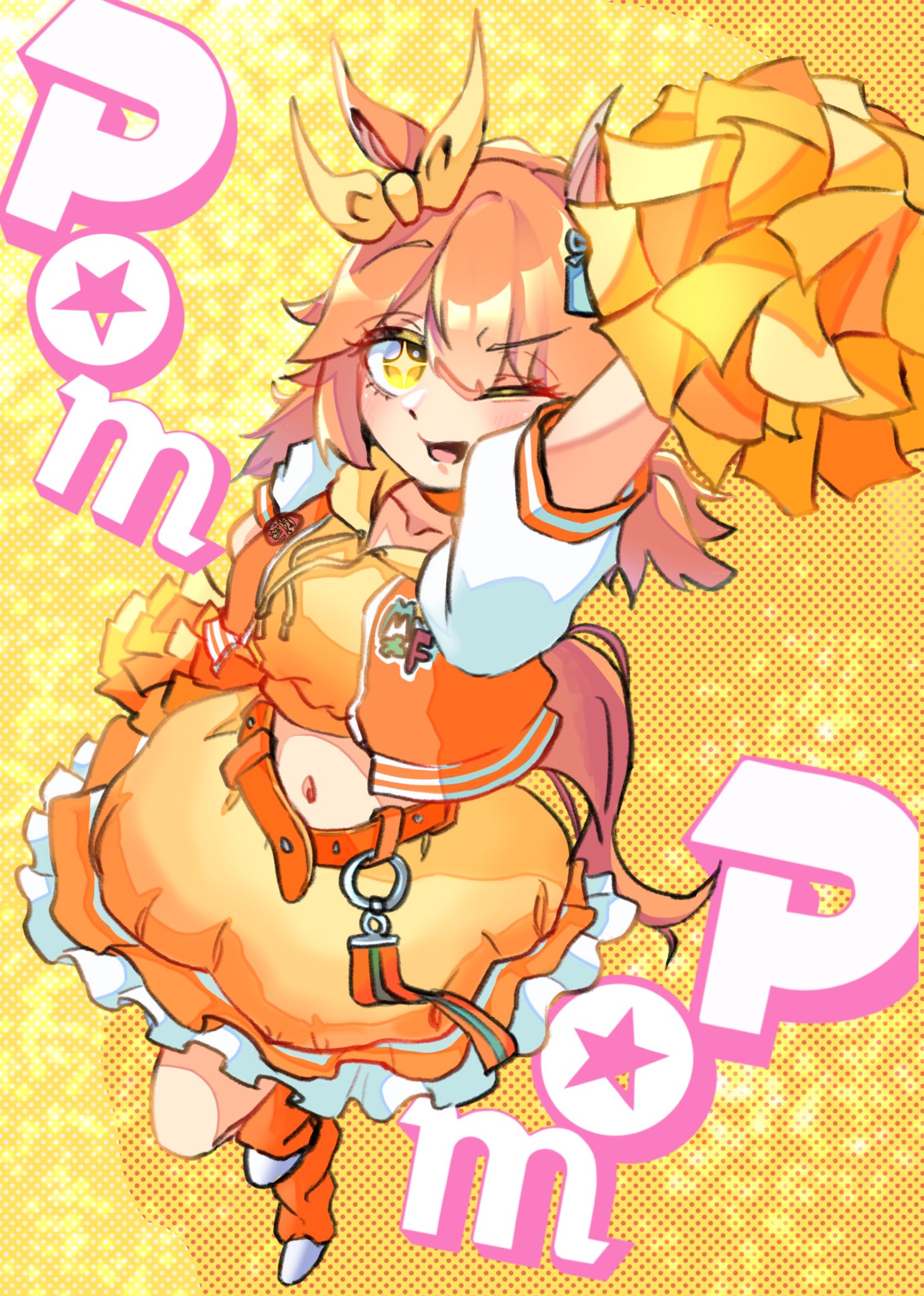 matikanefukukitaru (umamusume), umamusume, highres, + +, 1girl, alternate costume, animal ears, arm up, belt, blush, bow, breasts, cheerleader, cropped jacket, hair between eyes, hair ornament, holding, holding pom poms, hood, hoodie, horse ears, horse girl, horse tail, jacket, looking at viewer, loose socks, medium hair, midriff, navel, nikan2929, one eye closed, open clothes, open jacket, open mouth, orange belt, orange hair, orange jacket, orange socks, pom pom (cheerleading), pom poms, shoes, skirt, smile, socks, solo, tail, white sleeves, yellow bow, yellow hoodie, yellow skirt