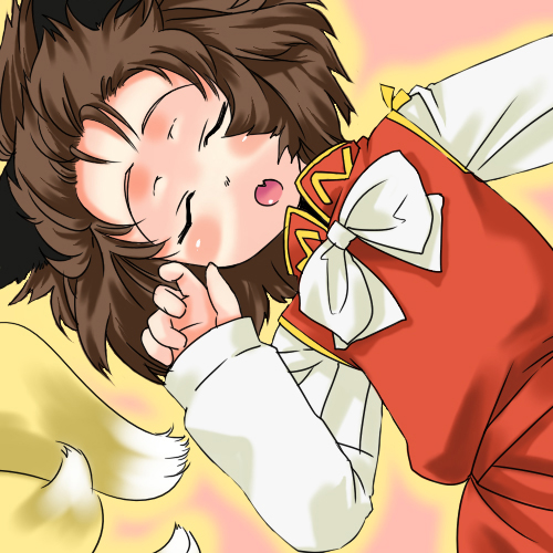 gengorou, chen, yakumo ran, touhou, lowres, 1girl, animal ears, blush, bow, bowtie, brown hair, closed eyes, fang, female focus, forehead, fox tail, multiple tails, short hair, sleeping, solo focus, tail