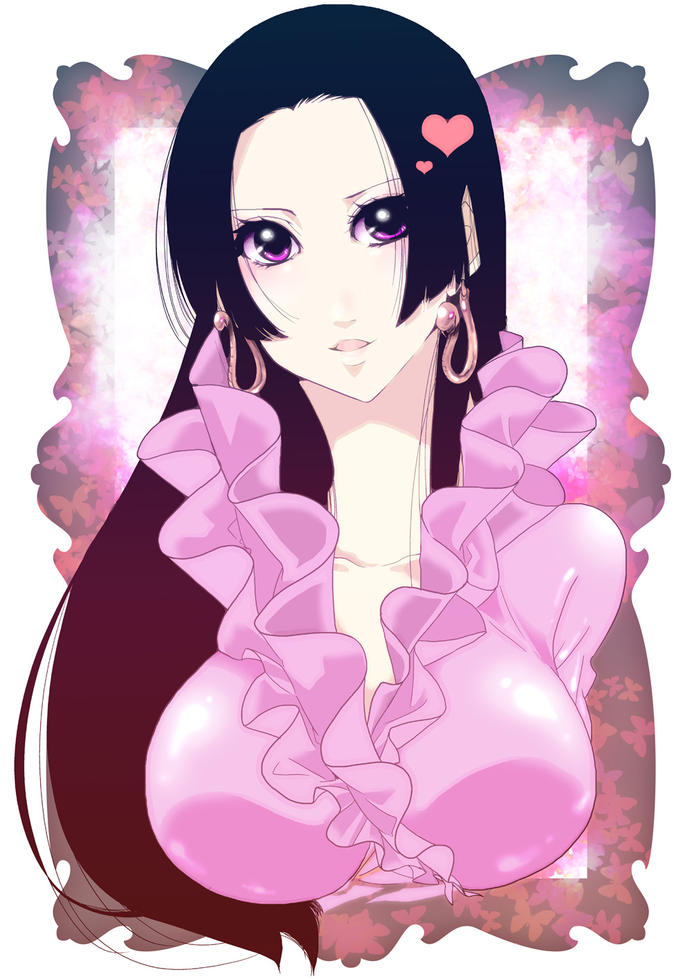 kondoru, boa hancock, one piece, highres, amazon lily, amazon warrior, blouse, bow, breasts, earrings, frills, gathers, heart, jewelry, large breasts, long hair, purple eyes, shirt, solo