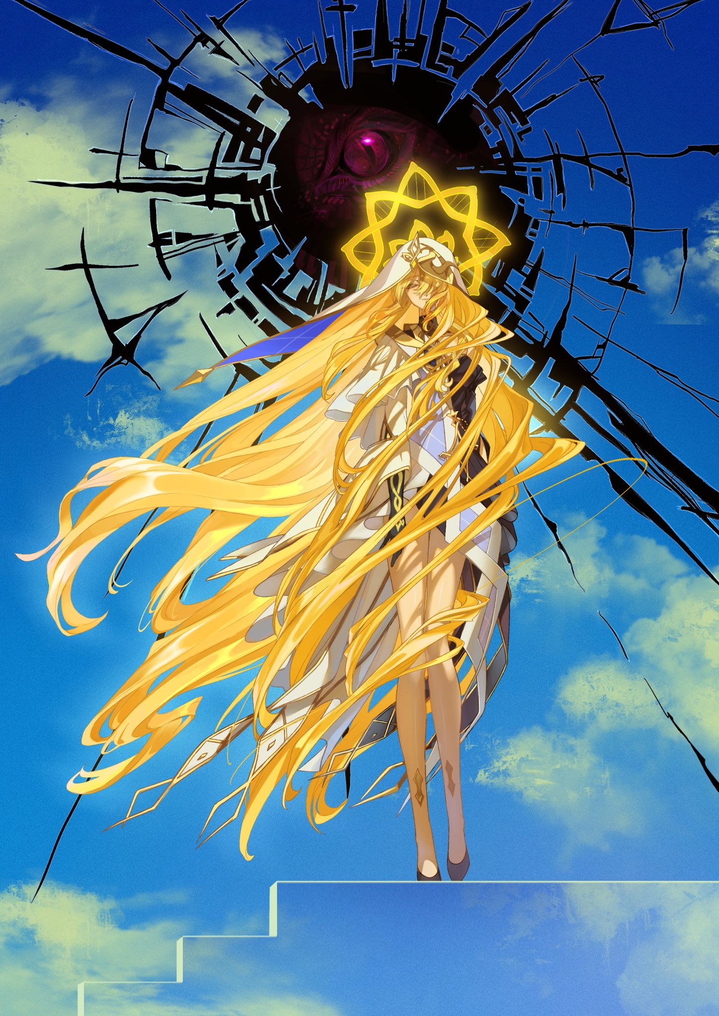 boin burin, rhinedottir (genshin impact), genshin impact, commentary request, highres, 1girl, blonde hair, closed mouth, cloud, double helix, eye hair ornament, eyeball, long hair, sky, solo, two-sided veil, two-tone robe, veil, very long hair, white hood, white veil