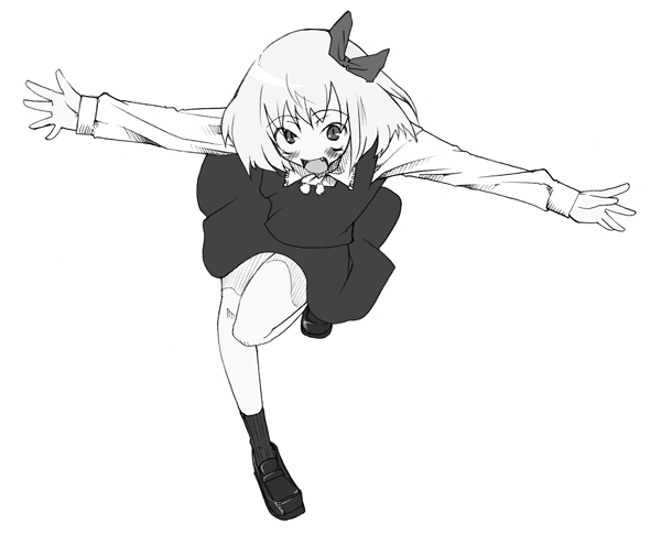 gengorou, rumia, embodiment of scarlet devil, touhou, 1girl, :d, blush, bow, fang, female focus, full body, greyscale, hair bow, hair ribbon, leaning forward, loafers, monochrome, open mouth, outstretched arms, ribbon, shoes, short hair, simple background, smile, solo, spread arms, standing, standing on one leg