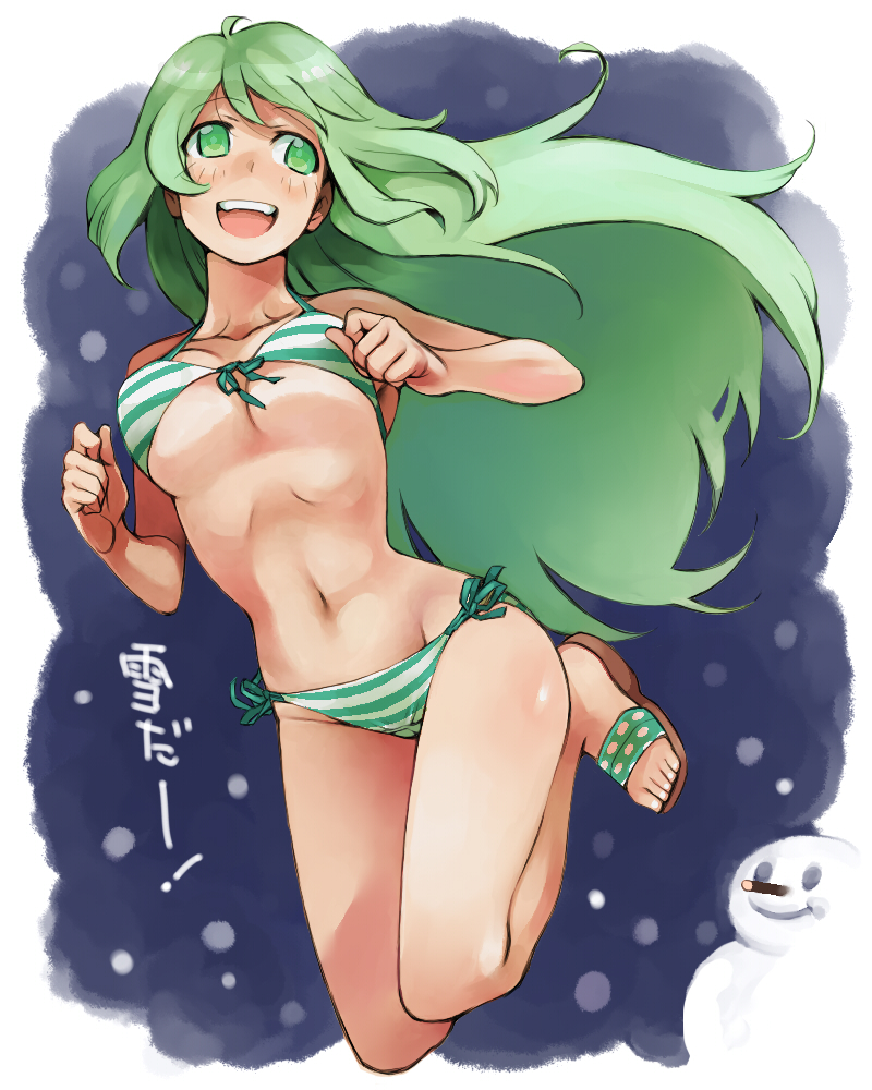 heisa, original, bad id, bad pixiv id, translated, 1girl, :d, bikini, breasts, cleavage, female focus, front-tie top, green bikini, green eyes, green hair, happy, jumping, large breasts, long hair, lowleg, lowleg bikini, matching hair/eyes, navel, open mouth, sandals, side-tie bikini bottom, smile, snow, snowman, solo, striped bikini, striped clothes, swimsuit, tan, tanline, text focus, underboob