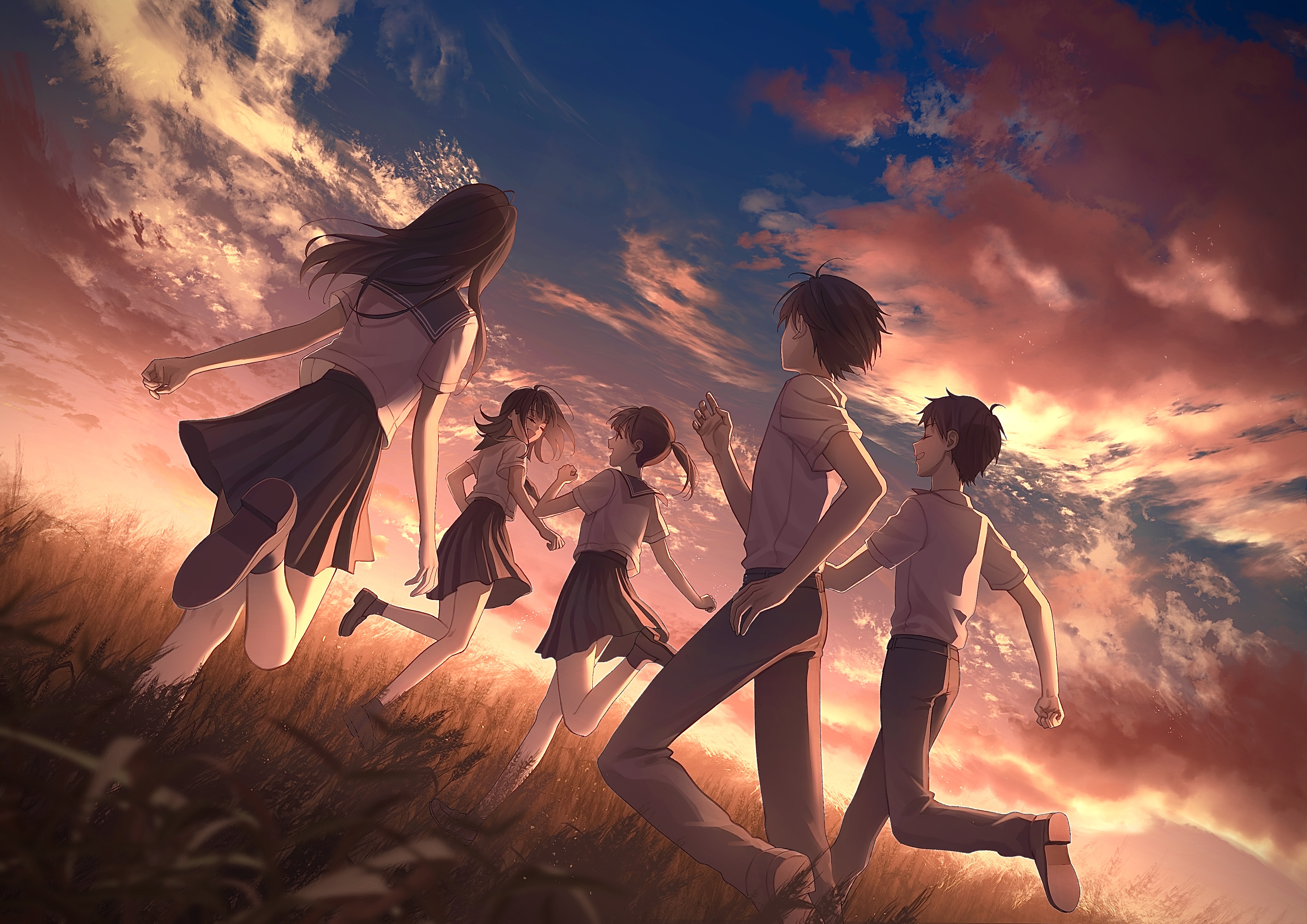original, absurdres, commentary request, highres, 2boys, 3girls, black hair, black pants, black sailor collar, black shoes, black skirt, blue sky, closed eyes, cloud, cloudy sky, dutch angle, evening, facing another, field, floating hair, futaba lele, happy, loafers, long hair, looking at another, medium hair, multiple boys, multiple girls, open mouth, orange clouds, outdoors, pants, pleated skirt, running, sailor collar, school uniform, serafuku, shirt, shoes, short hair, short sleeves, skirt, sky, slice of life, smile, very short hair, white shirt