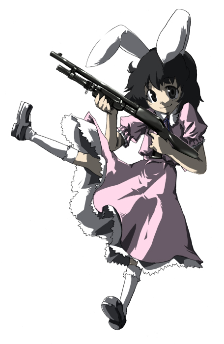 gengorou, inaba tewi, touhou, 1girl, animal ears, dress, female focus, gun, left-handed, leg up, pump action, rabbit ears, rifle, shotgun, smile, socks, solo, weapon