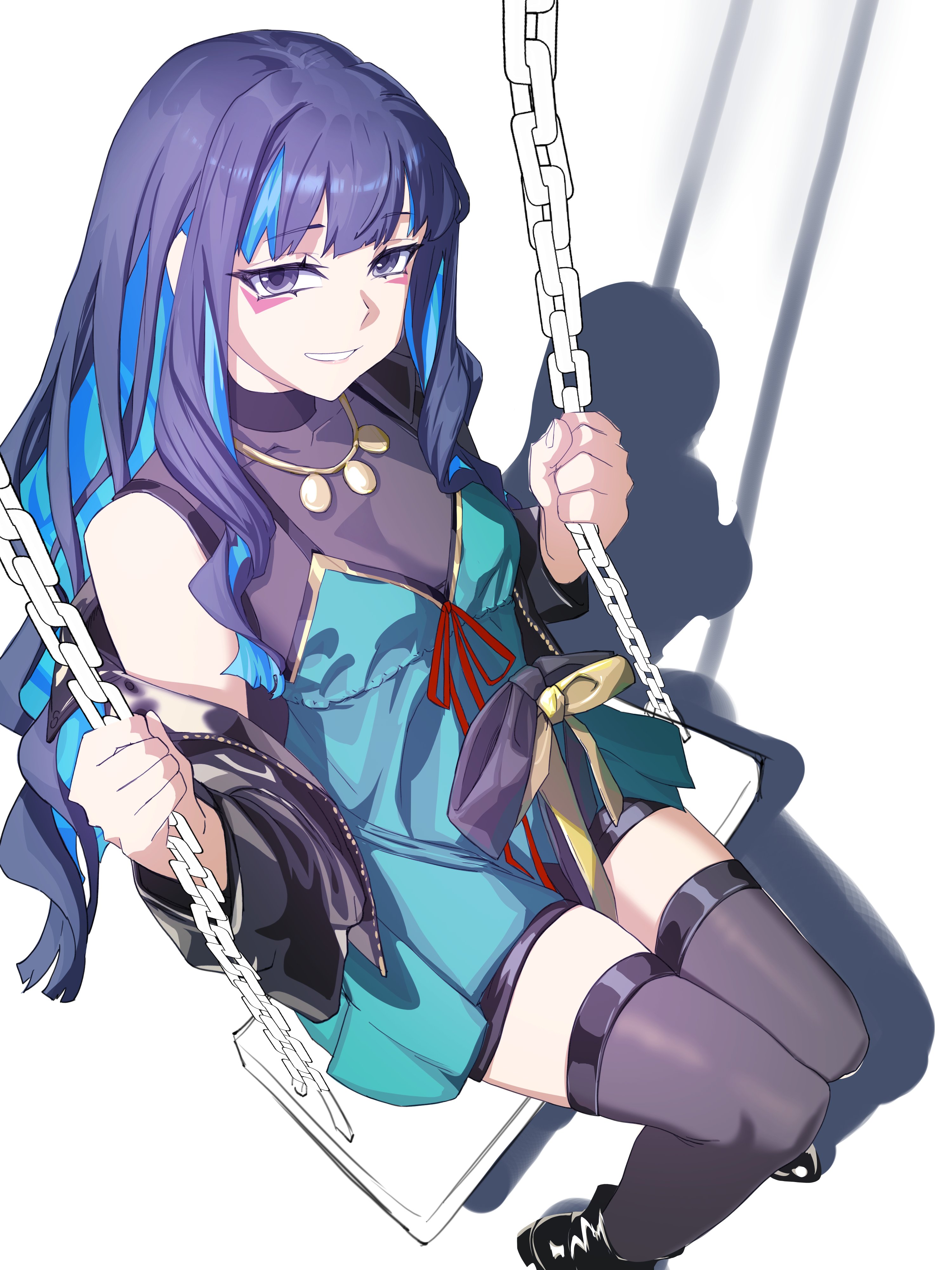 dantonphanton, tenochtitlan (fate), tenochtitlan (second ascension) (fate), fate/grand order, fate (series), absurdres, hashtag-only commentary, highres, 1girl, black hair, black thighhighs, blue eyes, dress, green dress, grey eyes, grin, long hair, looking at viewer, multicolored hair, smile, solo, swing, thighhighs, two-tone hair