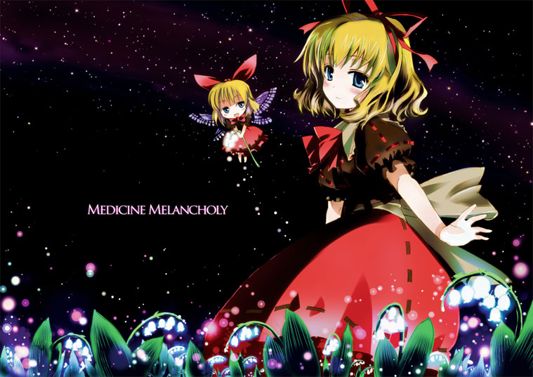 gotyou, medicine melancholy, su-san, touhou, 1girl, blonde hair, blue eyes, butterfly wings, female focus, flower, insect wings, lily of the valley, short hair, sky, solo, star (sky), starry sky, wings