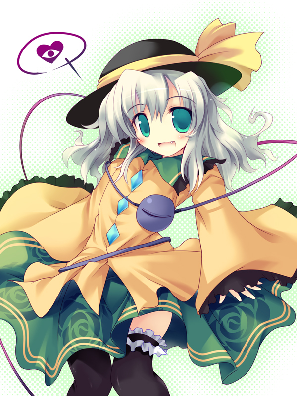 ai takurou, komeiji koishi, touhou, silver hair, 1girl, black hat, black thighhighs, blouse, bow, buttons, diamond (shape), diamond button, fang, female focus, floral print, frilled shirt collar, frilled sleeves, frilled thighhighs, frills, green eyes, green skirt, hat, hat bow, heart, long sleeves, open mouth, rose print, shirt, skirt, sleeves past wrists, solo, spoken heart, thighhighs, third eye, wide sleeves, yellow bow, yellow shirt, zettai ryouiki
