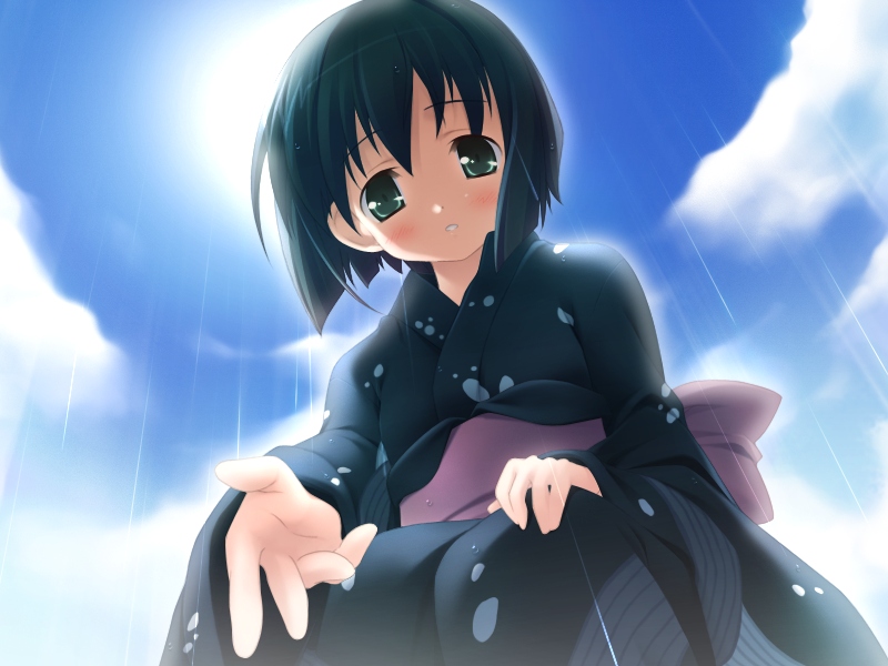 amesarasa, game cg, non-web source, 1girl, black hair, cloud, day, female focus, green eyes, japanese clothes, kimono, rain, short hair, sky, solo