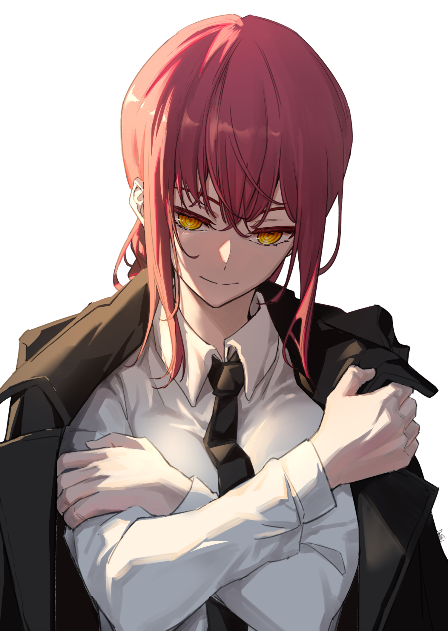 dollllls2, makima (chainsaw man), chainsaw man, commentary request, highres, 1girl, black coat, black necktie, coat, coat on shoulders, crossed arms, dress shirt, holding own arm, light smile, long sleeves, necktie, red hair, ringed eyes, shirt, sidelocks, simple background, solo, upper body, white background, white shirt, yellow eyes