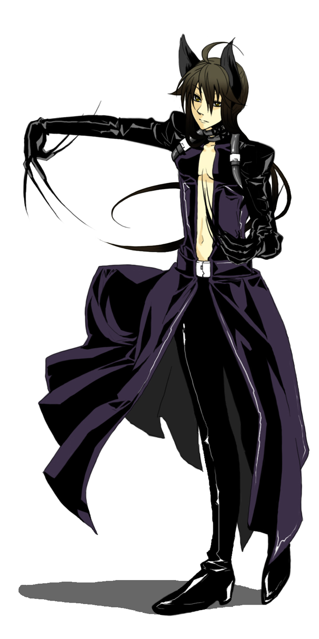 kondoru, original, bad id, bad pixiv id, highres, long image, tall image, 1boy, ahoge, animal ears, boots, brown hair, claws, coat, full body, gloves, male focus, navel, simple background, solo, trench coat, white background, yellow eyes