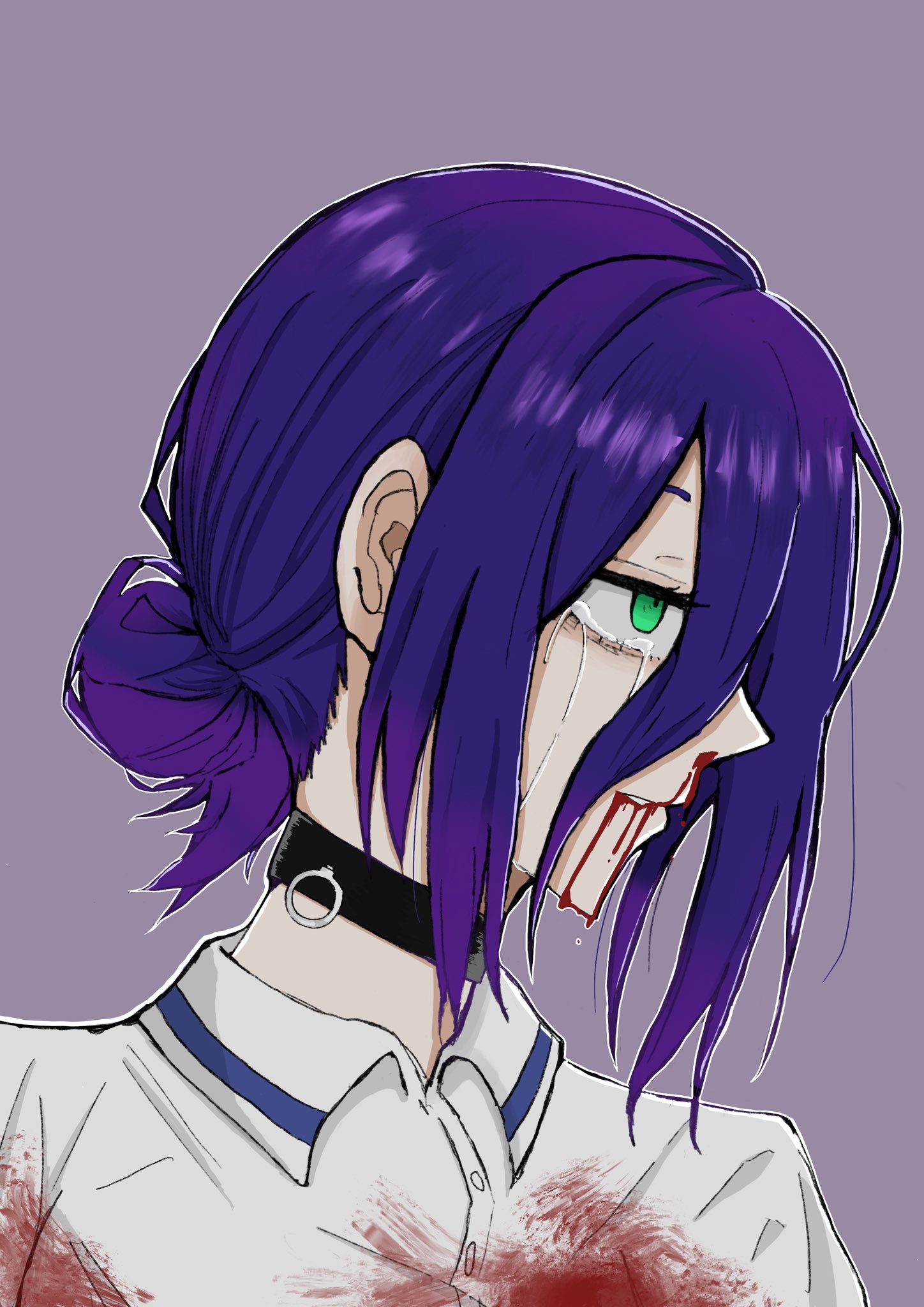 osiruko nomenai, reze (chainsaw man), chainsaw man, highres, 1girl, black choker, blood, blood from mouth, blood on clothes, choker, crying, crying with eyes open, green eyes, grenade pin, grey background, hair bun, nosebleed, polo shirt, purple hair, shirt, solo, tears, white shirt
