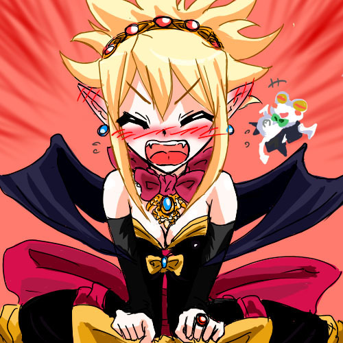 rozalin, tink, tink (disgaea), disgaea, makai senki disgaea 2, makai senki disgaea 3, nippon ichi, lowres, 1girl, angry, blonde hair, blush, breasts, cleavage, demon girl, dress, elbow gloves, gloves, pointy ears, small breasts, tail