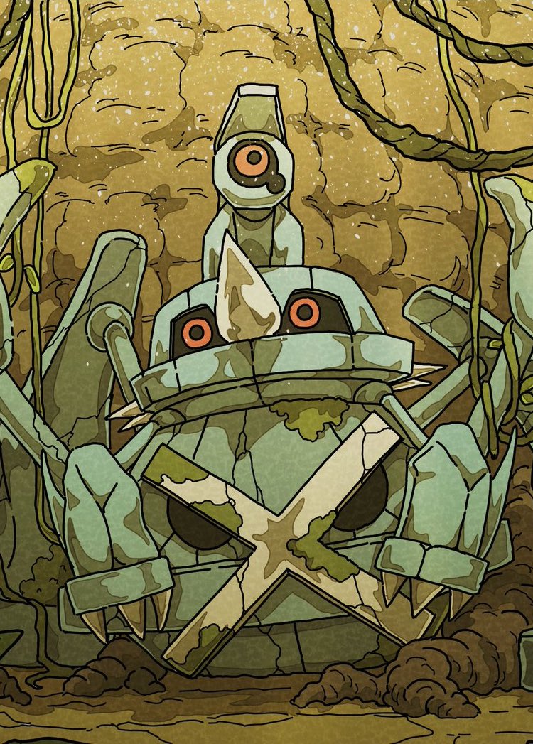 onamuzi illust, beldum, metagross, metang, nintendo, pokemon, black sclera, claws, colored sclera, evolutionary line, gen 3 pokemon, moss, no humans, overgrown, plant, plant roots, pokemon (creature), pokemon focus, red eyes, spikes, vines