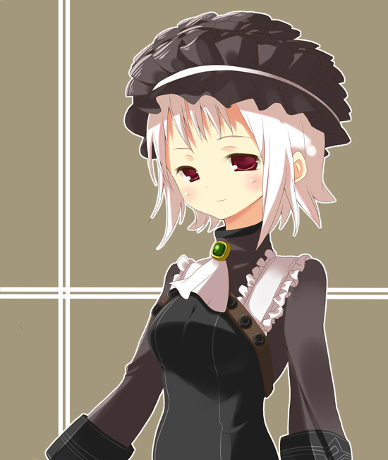 amaa (chou dennou jidai), hinoeya kiuri, original, 1girl, ascot, female focus, frills, hat, jewelry, pink hair, red eyes, short hair, solo