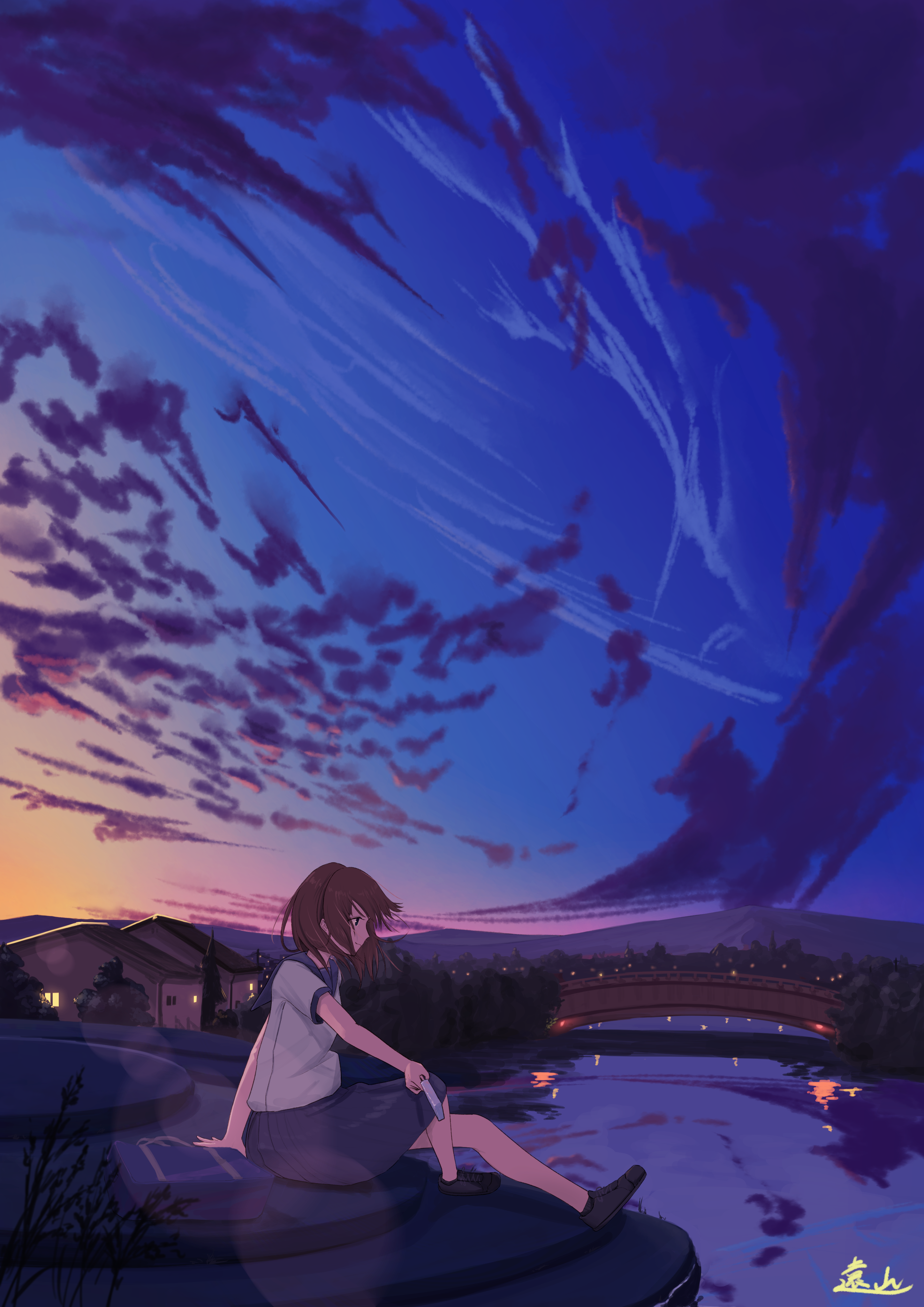 original, absurdres, commentary request, highres, 1girl, bag, black shoes, blue sailor collar, blue skirt, bridge, brown hair, building, closed mouth, cloud, dusk, food, from side, gradient sky, grey shirt, holding, holding food, holding popsicle, house, lens flare, light smile, medium hair, mountainous horizon, outdoors, pleated skirt, popsicle, reflection, river, sailor collar, scenery, school bag, school uniform, serafuku, shirt, shoes, short sleeves, signature, sitting, skirt, sky, sky focus, slice of life, solo, touyama fujiroku