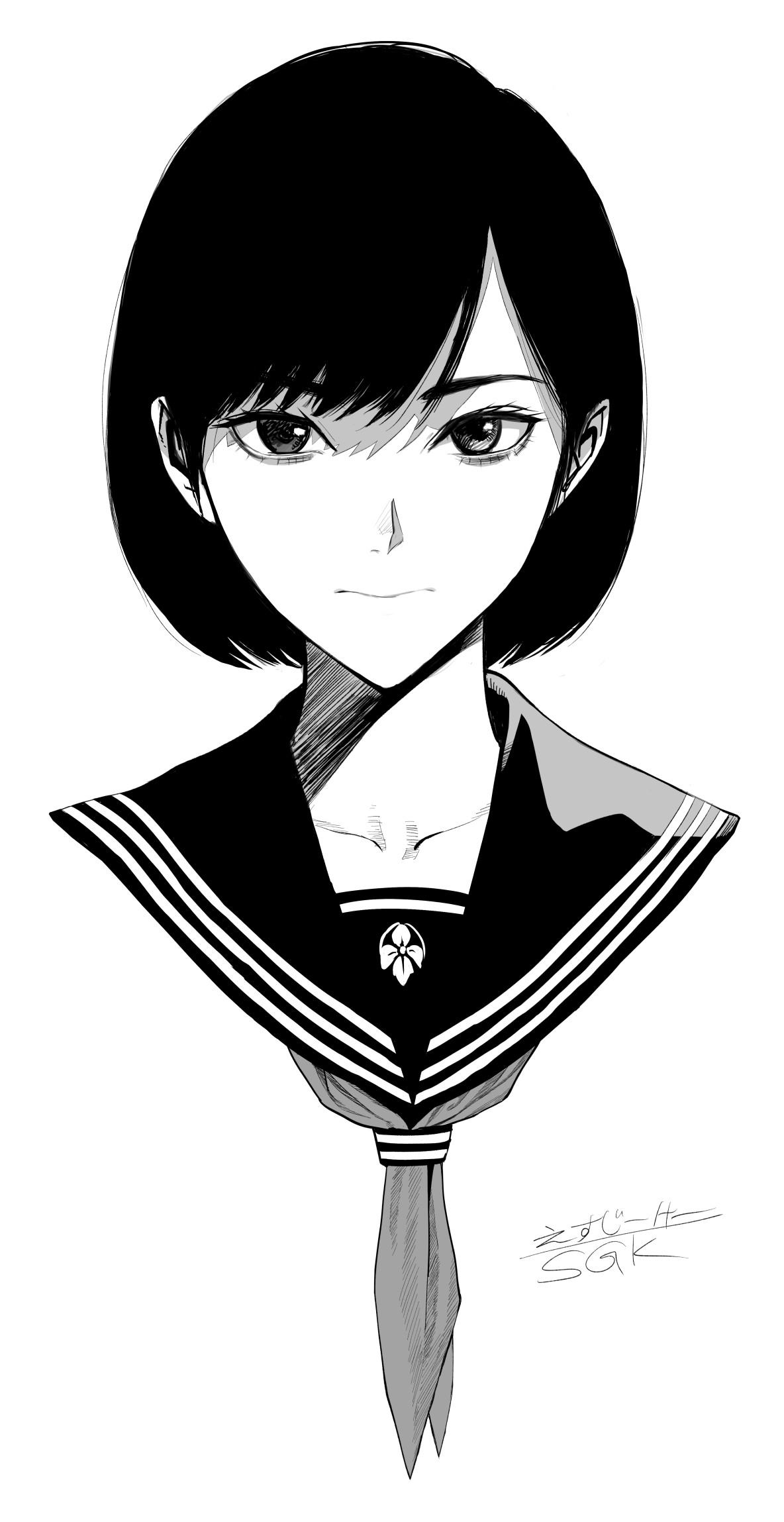 sgk, shimizu hinako, silent hill (series), silent hill f, commentary, highres, 1girl, artist name, bob cut, close-up, closed mouth, collarbone, cropped torso, expressionless, eyelashes, greyscale, hatching (texture), monochrome, neckerchief, portrait, sailor collar, school uniform, serafuku, short hair, signature, simple background, solo, straight-on, swept bangs, white background