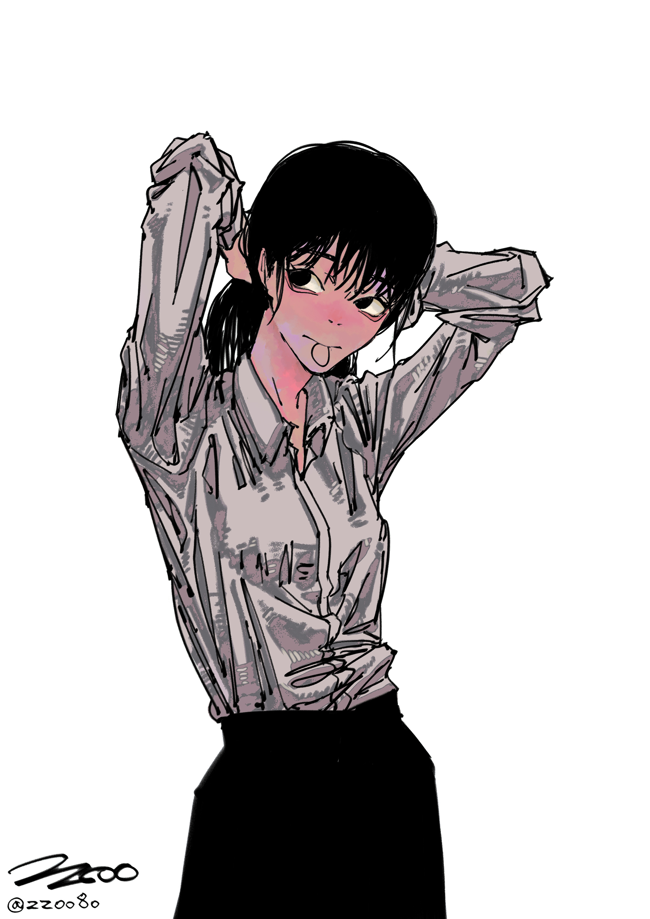 zzoo (zoo), mitaka asa, chainsaw man, absurdres, commentary, english commentary, highres, 1girl, arms behind head, arms up, black skirt, breasts, hair tie, hair tie in mouth, long sleeves, mouth hold, open collar, shirt, shirt tucked in, sideways glance, signature, simple background, skirt, small breasts, solo, twitter username, tying hair, white background, white shirt