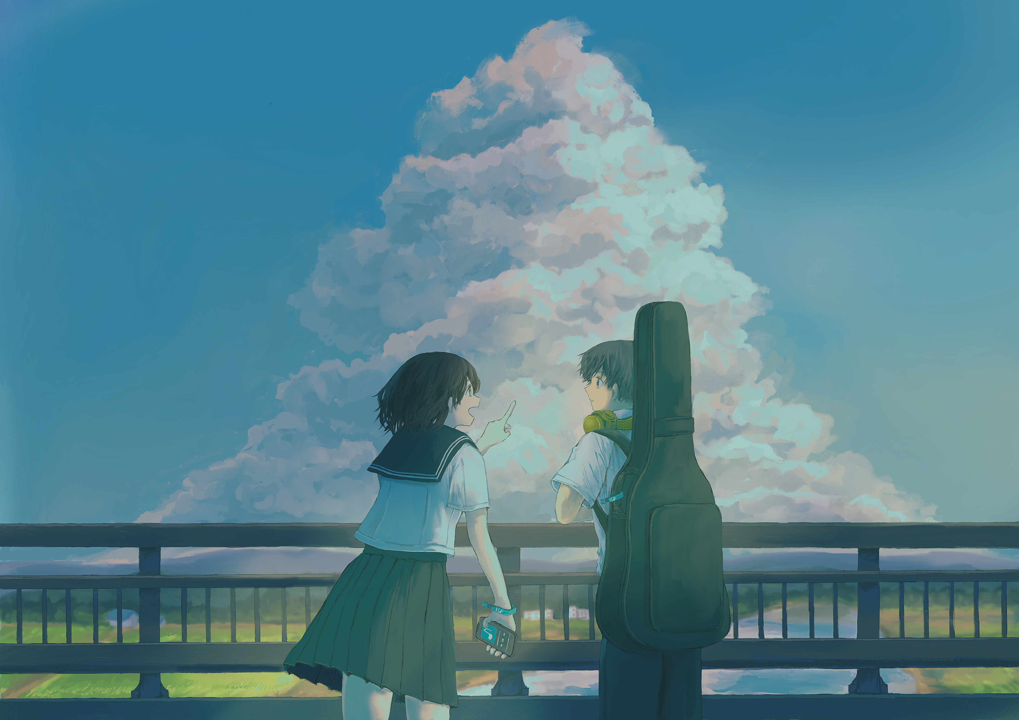 original, absurdres, commentary request, highres, 1boy, 1girl, aomura karoi, black hair, black sailor collar, black skirt, blue sky, cellphone, cloud, cumulonimbus cloud, day, feet out of frame, from behind, grey shirt, guitar case, hand up, headphones, headphones around neck, holding, holding phone, instrument case, looking at another, open mouth, outdoors, phone, pleated skirt, pointing, sailor collar, scenery, school uniform, serafuku, shirt, short hair, short sleeves, skirt, sky, sky focus, slice of life, smartphone, standing