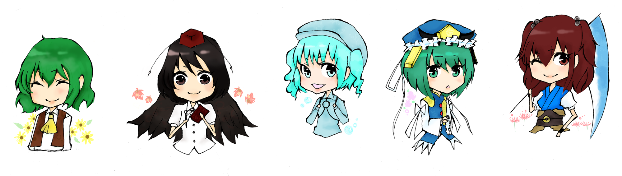 tanabe hiro, kawashiro nitori, kazami yuuka, onozuka komachi, shameimaru aya, shiki eiki, touhou, bad id, bad pixiv id, highres, long image, wide image, 5girls, female focus, flower, hat, leaf, multiple girls, notebook, one eye closed, rod of remorse, scythe, sunflower, tokin hat, wink