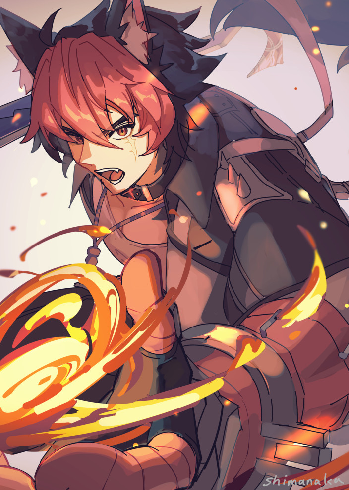 shimanaka (shimanaka sushi), komano manato, zenless zone zero, 1boy, animal ear fluff, animal ears, artist name, black gloves, black hair, black jacket, body fur, collar, dog boy, dog ears, dog tail, fangs, fingerless gloves, fire, gloves, hair between eyes, jacket, jewelry, looking at viewer, multicolored hair, muscular, muscular male, necklace, open mouth, pectorals, red bandage, red eyes, red hair, scar, scar across eye, scar on face, short hair, solo, spiked jacket, tail, tongue, weapon, white background