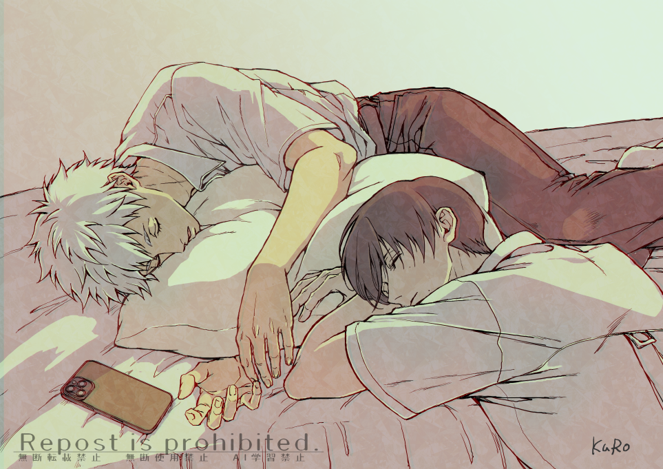 indou hikaru, tsujinaka yoshiki, hikaru ga shinda natsu, commentary request, belt, black belt, black hair, black pants, cellphone, closed eyes, closed mouth, collared shirt, mole, mole on cheek, mole under mouth, multiple moles, on bed, pants, phone, pillow, shirt, shirt tucked in, short hair, short sleeves, sleeping together, smartphone, user nsws4553, white hair, white shirt