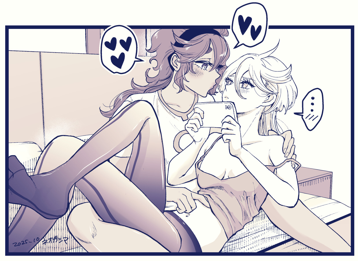 gsm1nnn, miorine rembran, suletta mercury, gundam, gundam suisei no majo, commentary, 2girls, between legs, blush, breasts, camisole, cellphone, closed mouth, greyscale, hairband, hand on another's shoulder, hand on another's stomach, heart, holding, holding phone, long hair, looking at another, monochrome, multiple girls, pantyhose, phone, puckered lips, shirt, small breasts, smartphone, spoken heart, strap slip, thick eyebrows, yuri