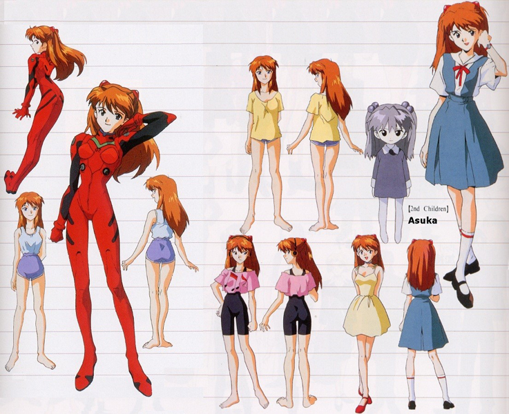 souryuu asuka langley, neon genesis evangelion, official art, 1girl, :d, adjusting hair, age difference, age progression, aged down, arm behind back, arms behind back, ass, bare shoulders, barefoot, beamed quavers, bodysuit, bracer, breasts, casual, character name, child, choker, collared shirt, crop top, crossed legs, denim, denim shorts, dress, feet, flat chest, from behind, from side, full body, gloves, hair bobbles, hair ornament, hand on own hip, headphones, kneehighs, kneepits, leaning, legs, light smile, long hair, long sleeves, mary janes, mecha pilot suit, medium breasts, multiple views, musical note, neck ribbon, open mouth, orange hair, pleated skirt, plugsuit (evangelion), quaver, red hair, reference sheet, ribbon, school uniform, shirt, shoes, short dress, short shorts, short sleeves, shorts, simple background, skinny, skirt, sleeve cuffs, small breasts, smile, socks, spaghetti strap, spandex, standing, striped background, sundress, suspender skirt, suspenders, t-shirt, tank top, thigh gap, turnaround, twintails, unitard, watch, white background, white socks, wristwatch, yellow dress, yellow skirt