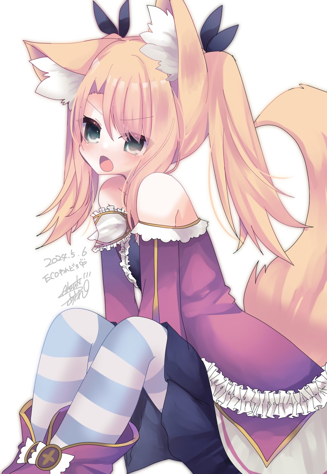 satsuki atan, mitama mei, emil chronicle online, highres, 1girl, animal ears, artist name, black bow, black shirt, blue skirt, blue thighhighs, boots, bow, dated, fox ears, fox tail, frilled jacket, frills, from side, grey eyes, hair bow, jacket, off-shoulder jacket, off shoulder, open mouth, red boots, red jacket, shirt, signature, skirt, solo, striped clothes, striped thighhighs, tail, thighhighs, twintails, v-shaped eyebrows, white thighhighs