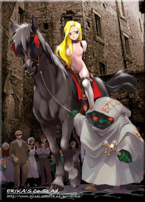 shibata masahiro, glycine bleumer, sakura taisen, sakura taisen iii, 00s, 1girl, bdsm, blonde hair, blush, bondage, bound, breasts, clothed male nude female, collar, female focus, horse, humiliation, long hair, nipples, nude, public indecency, public nudity, slave, solo