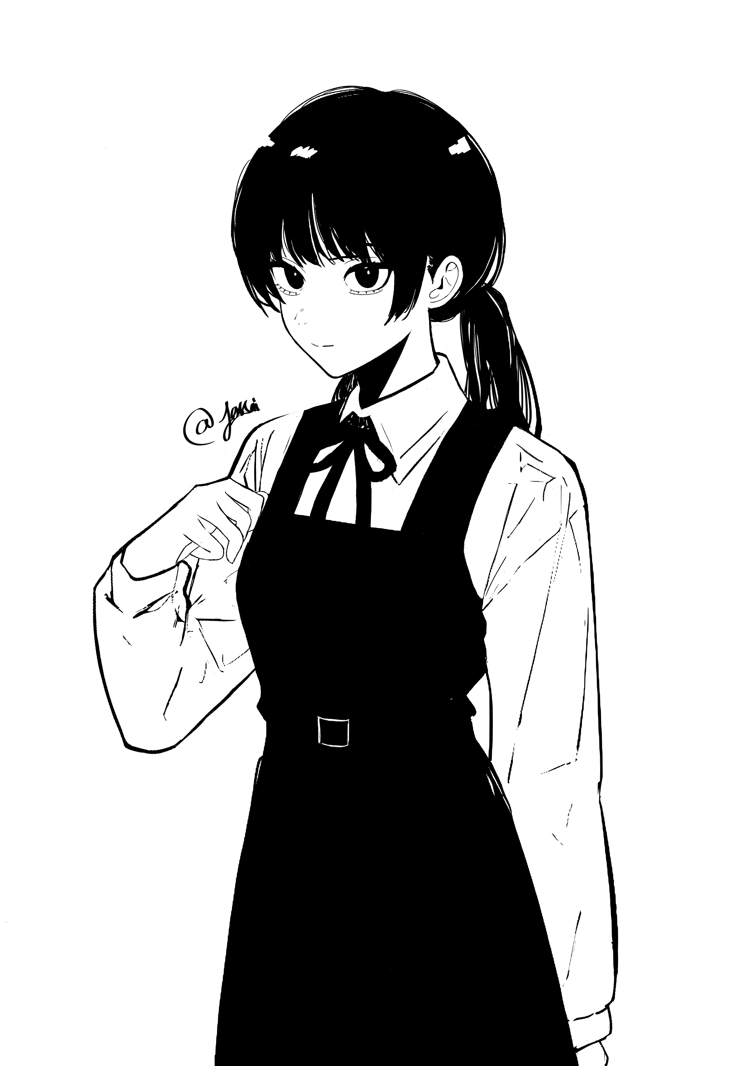 joadv, mitaka asa, chainsaw man, absurdres, commentary, highres, 1girl, aegyo sal, dress, dress shirt, greyscale, long hair, long sleeves, looking at viewer, monochrome, neck ribbon, pinafore dress, ribbon, school uniform, shirt, simple background, sleeveless, sleeveless dress, solo, twintails, twitter username, white background