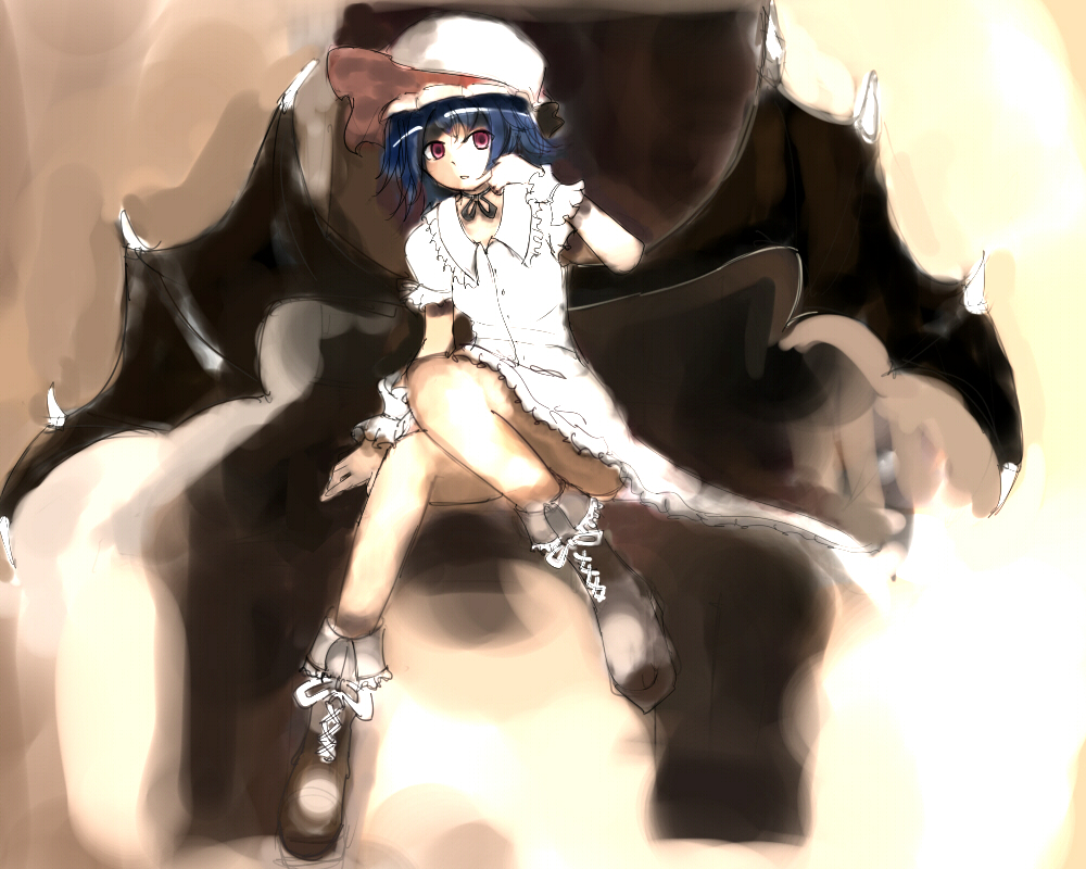 yodori, remilia scarlet, touhou, bad id, bad pixiv id, 1girl, bat wings, blue hair, chair, dress, female focus, gradient background, hat, hat ribbon, head rest, red eyes, ribbon, shoes, sitting, socks, solo, wings