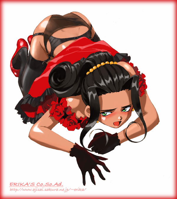shibata masahiro, soletta orihime, sakura taisen, 00s, 1girl, all fours, ass, black hair, black panties, blush, clothes lift, dark-skinned female, dark skin, dress, dress lift, earrings, female focus, flower, garter belt, gloves, green eyes, jewelry, kneeling, long hair, open mouth, panties, red dress, red shoes, rose, shoes, solo, thighhighs, underwear