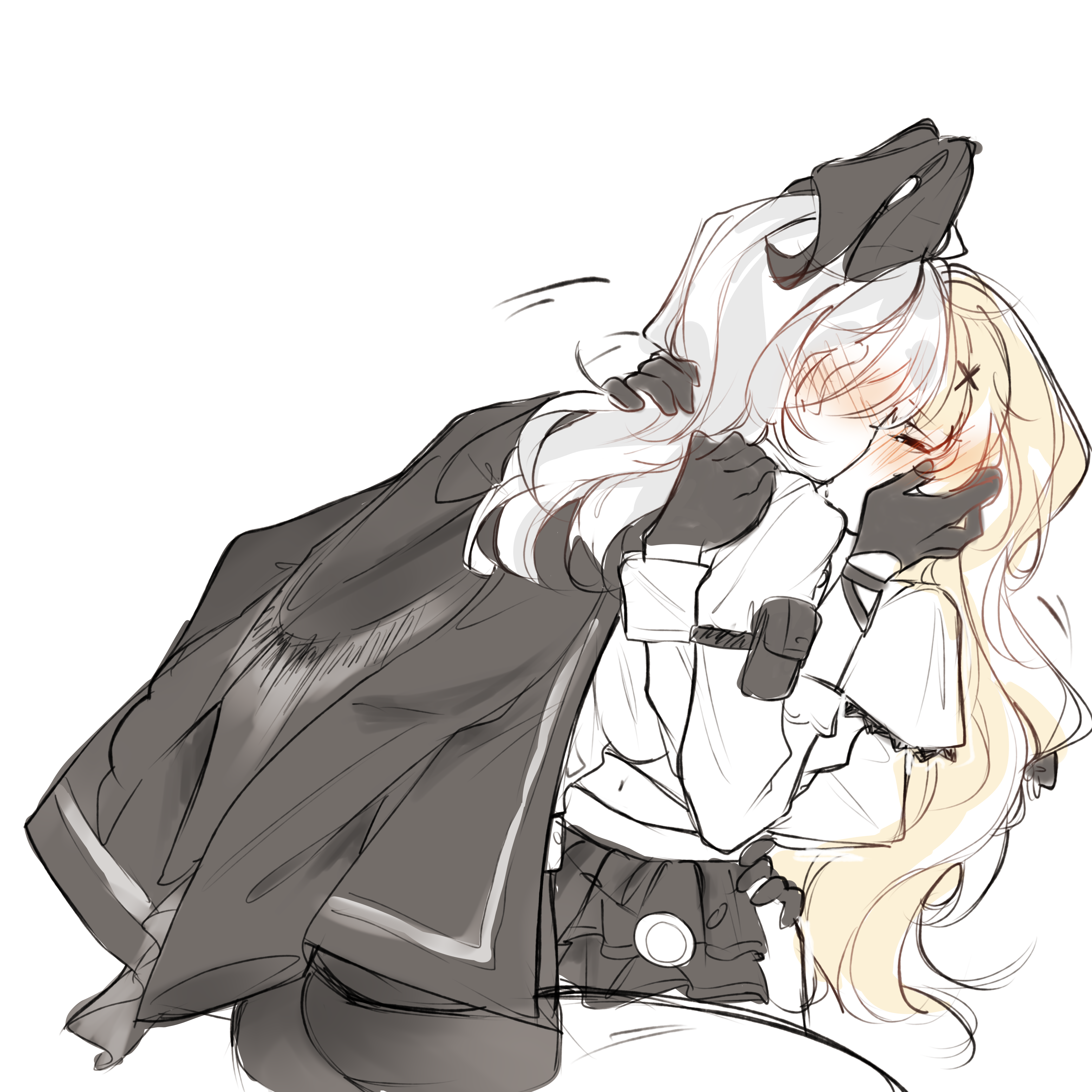mikori, phoebe (wuthering waves), zani (wuthering waves), wuthering waves, absurdres, commentary, english commentary, highres, 2girls, black cape, black gloves, blonde hair, cape, dress, gloves, hand on another's face, hand on another's waist, horns, long hair, long sleeves, multiple girls, shirt, simple background, white background, white dress, white hair, white shirt, yuri