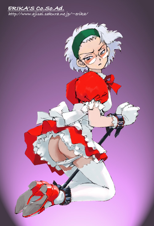 shibata masahiro, lobelia carlini, sakura taisen, sakura taisen iii, 00s, 1girl, ass, bdsm, blush, bondage, bound, female focus, glasses, gloves, hairband, high heels, kneeling, maid, panties, panty pull, shoes, short hair, solo, thighhighs, underwear, white hair, white panties