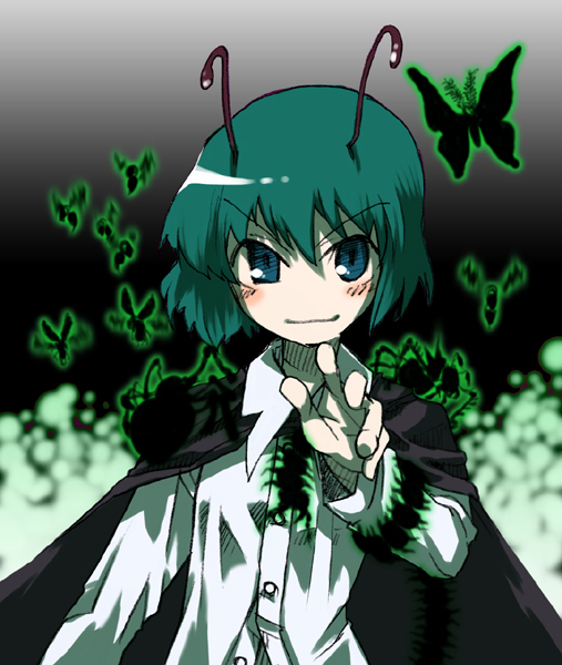 gengorou, wriggle nightbug, touhou, 1girl, antennae, blush, bug, butterfly, cape, female focus, gradient background, green eyes, green hair, insect, matching hair/eyes, short hair, solo