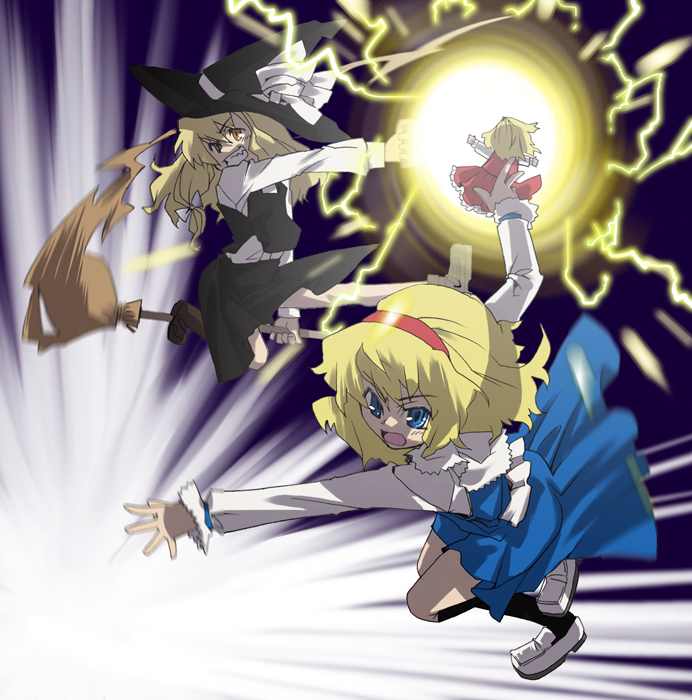 gengorou, alice margatroid, kirisame marisa, touhou, 2girls, battle, blonde hair, blue eyes, broom, broom riding, doll, female focus, hat, long hair, magic, multiple girls, short hair, skirt, witch, witch hat, yellow eyes