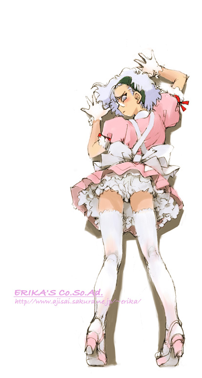 shibata masahiro, lobelia carlini, sakura taisen, sakura taisen iii, 00s, against wall, blush, glasses, gloves, high heels, looking back, maid, shoes, short hair, solo, thighhighs, white hair