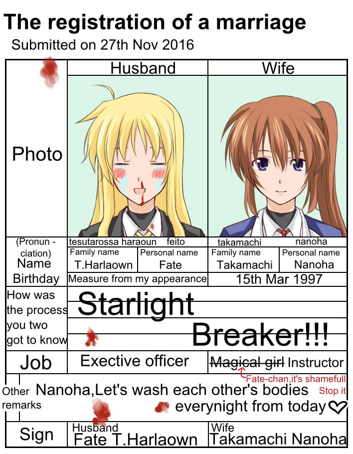 tadokoro teppei, fate testarossa, takamachi nanoha, lyrical nanoha, mahou shoujo lyrical nanoha, mahou shoujo lyrical nanoha strikers, hard-translated, poorly translated, third-party edit, 00s, 2girls, blonde hair, blood, blush, brown hair, closed eyes, english text, engrish text, marriage certificate, military, military uniform, multiple girls, nosebleed, purple eyes, ranguage, side ponytail