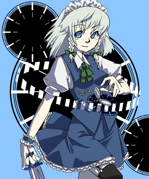 gengorou, izayoi sakuya, touhou, silver hair, 1girl, between fingers, braid, female focus, garter belt, holding, knife, smile, solo, thighhighs, throwing knife, twin braids, weapon