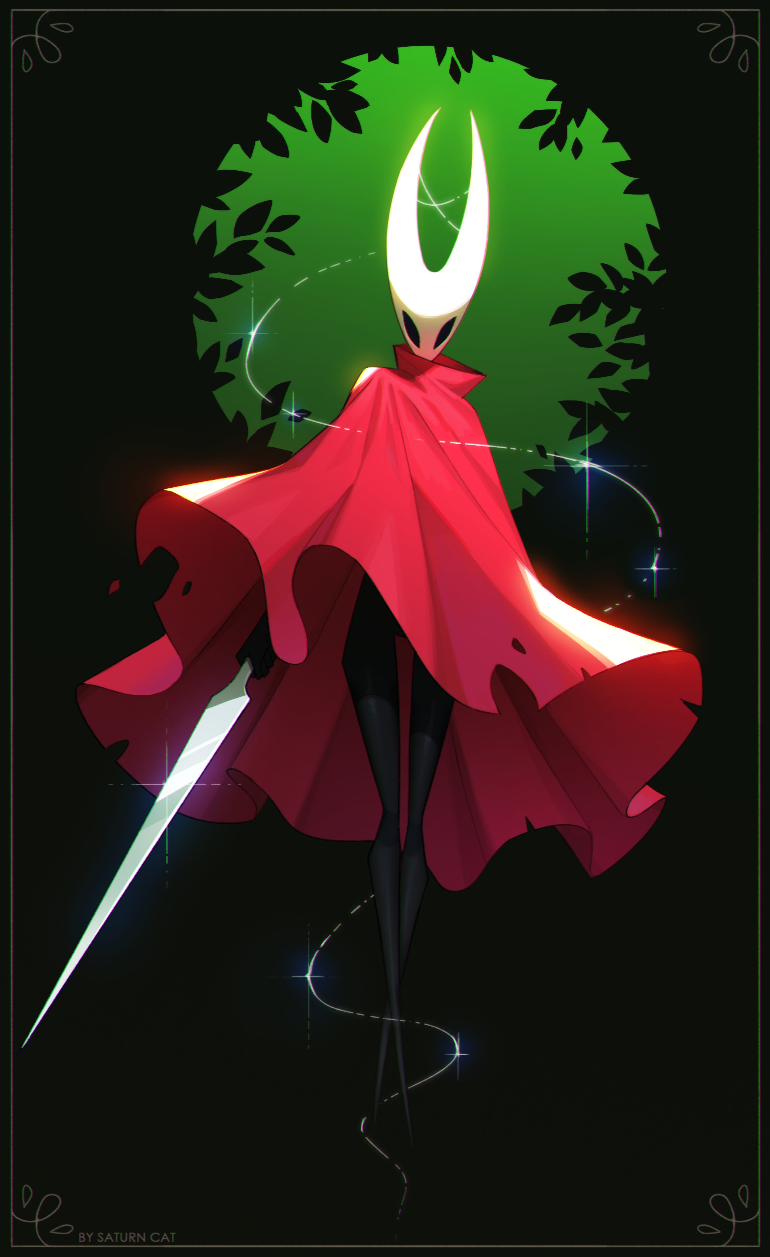 hornet (hollow knight), hollow knight, hollow knight: silksong, absurdres, highres, tagme, 1girl, arthropod girl, black background, cape, holding, holding weapon, horns, leaf, red cape, saturnacat, silk, string, tall female, torn cape, torn clothes, weapon