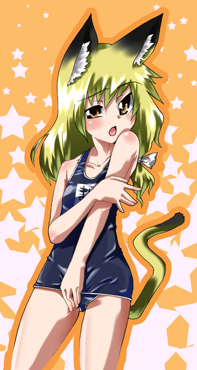 gengorou, kirisame marisa, touhou, 1girl, animal ears, blonde hair, brown eyes, female focus, long hair, one-piece swimsuit, school swimsuit, solo, swimsuit, tail
